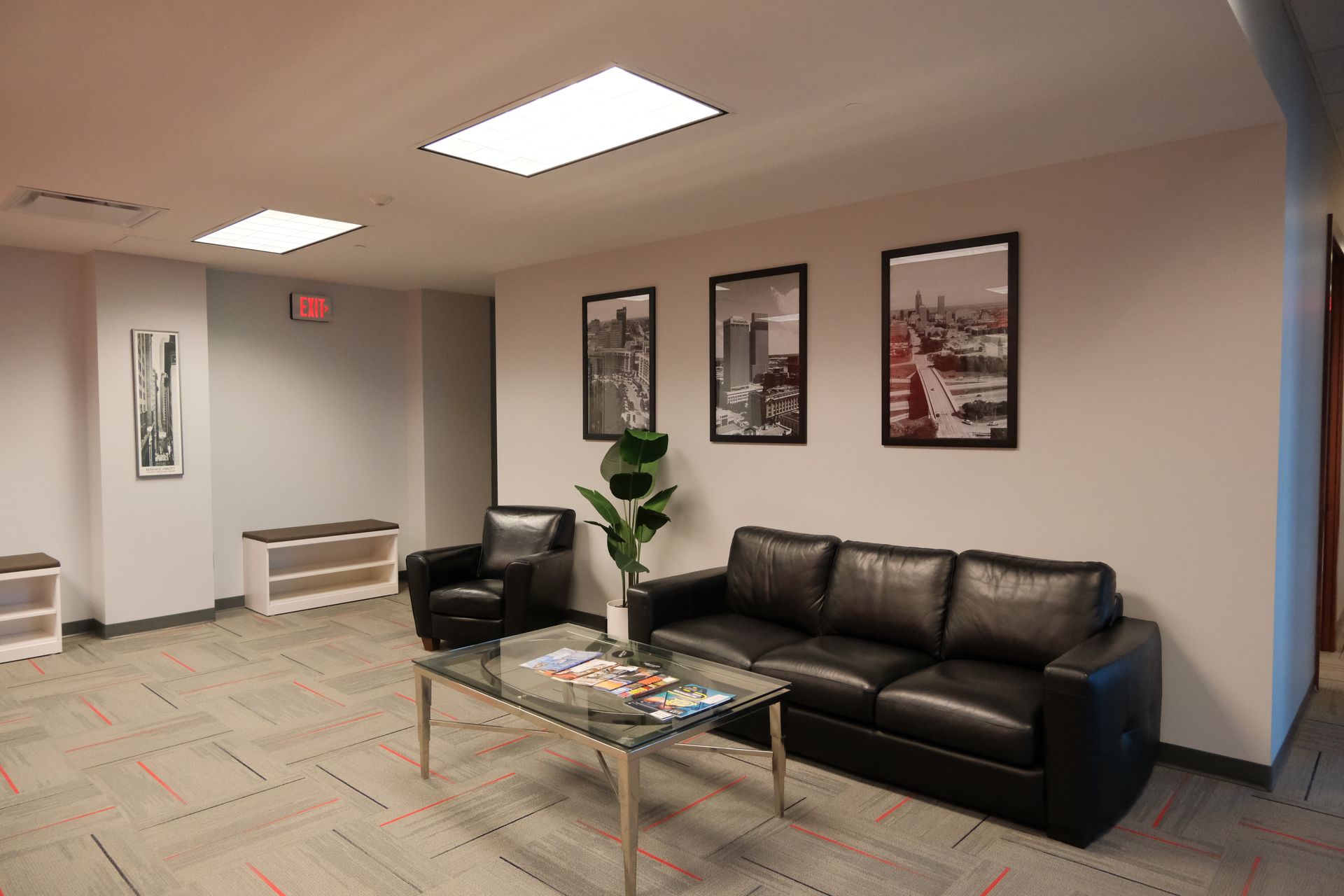A living room with a couch and a coffee table