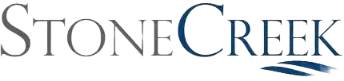 The stone creek logo is blue and white with a blue swirl.