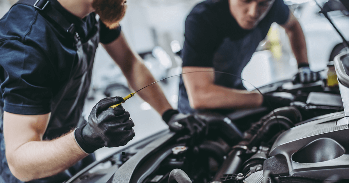 two mechanics performing routine car maintenance