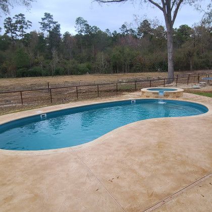 A large swimming pool with a tree in the background