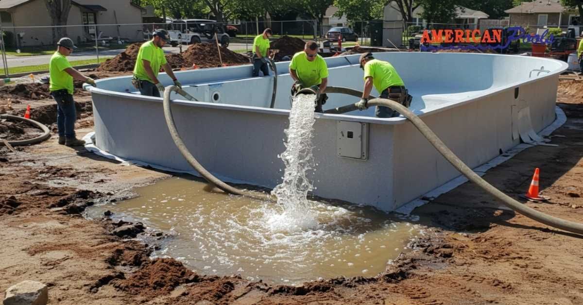 Team are working on Fiberglass Pool to Drain outside
