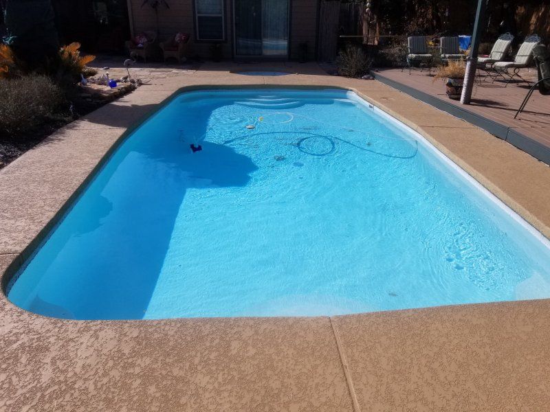 A large swimming pool filled with blue water in a backyard.