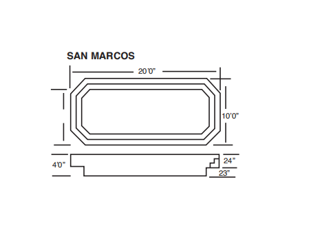A black and white drawing of a swimming pool with measurements.