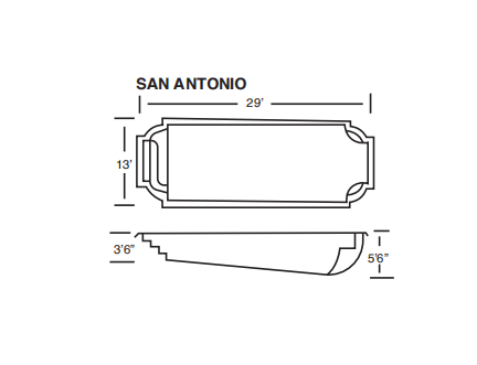 A black and white drawing of a swimming pool with measurements.