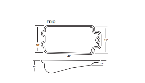 A black and white drawing of a swimming pool with measurements.