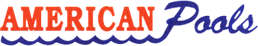 A red , white and blue logo for american pools