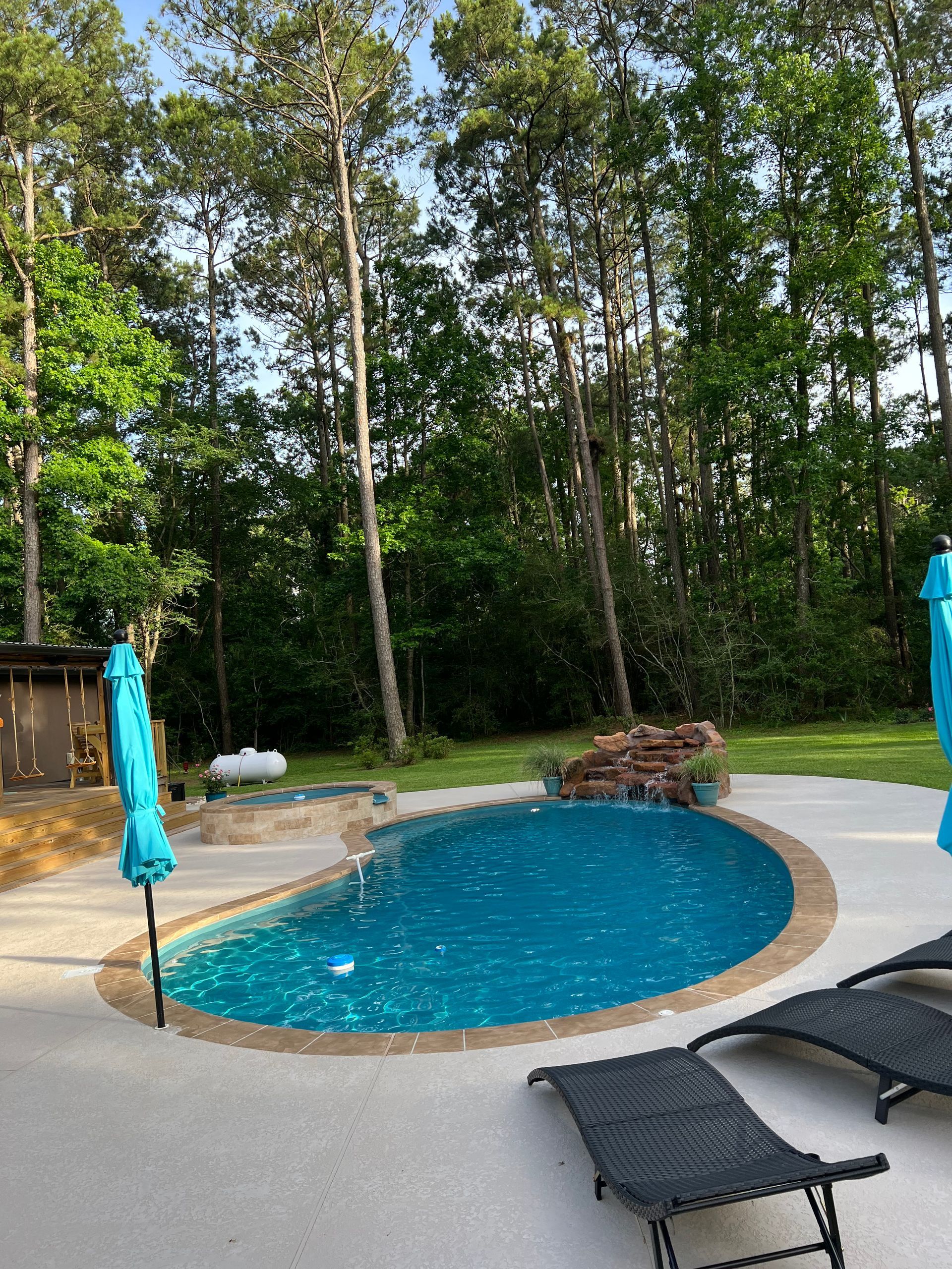 A large swimming pool surrounded by chairs and umbrellas in a backyard.