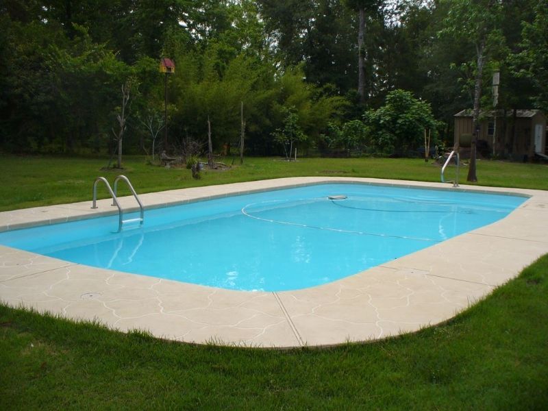 A large swimming pool in a backyard with a ladder