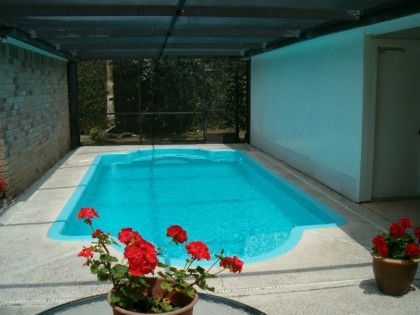 A swimming pool with red flowers in front of it