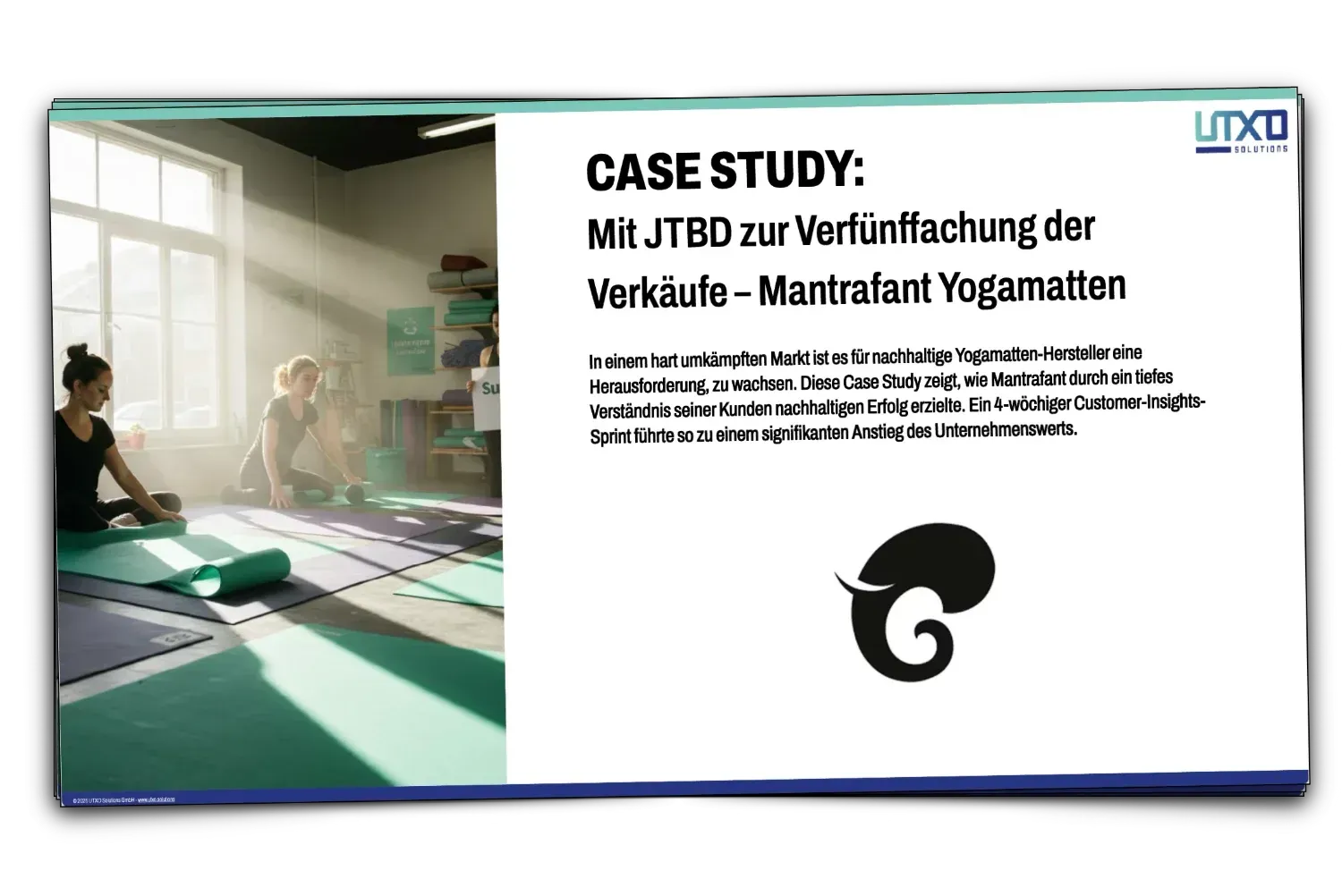 Fallstudie zum Verkauf von Yogamatten mit einem Foto von Menschen, die Yoga praktizieren, und einem Firmenlogo.