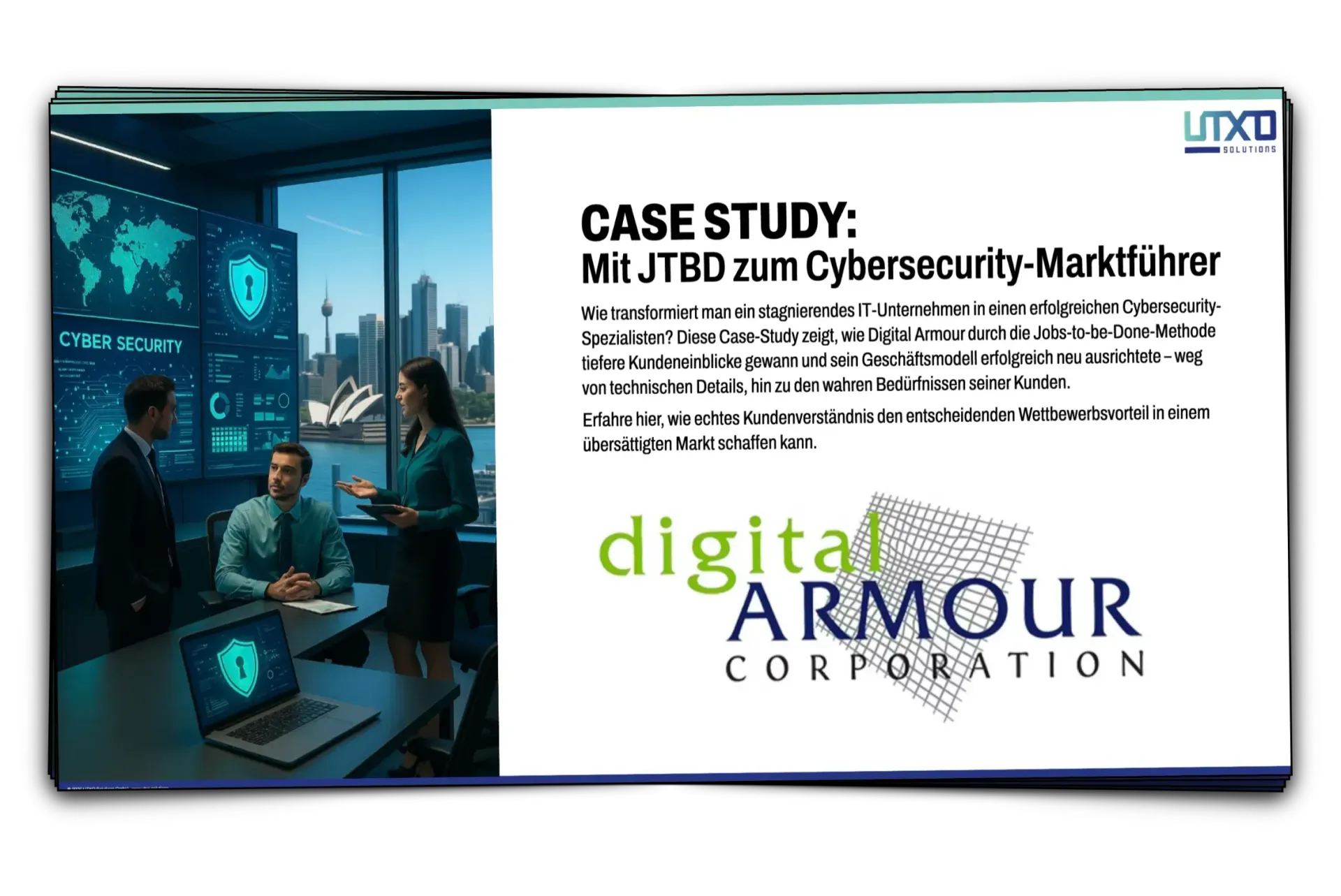 Fallstudie: Menschen in einem Büro diskutieren über Cybersicherheit. Firmenlogo: Digital Armour Corporation.