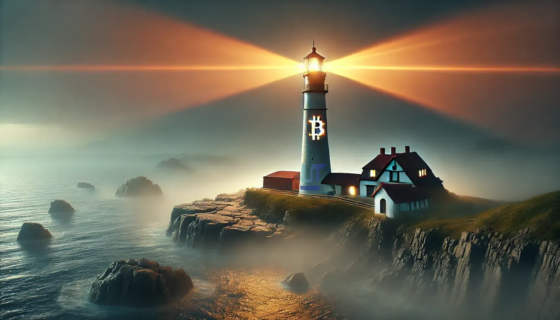 Ein Leuchtturm mit einem Bitcoin-Symbol auf einer felsigen Insel mitten im Ozean.