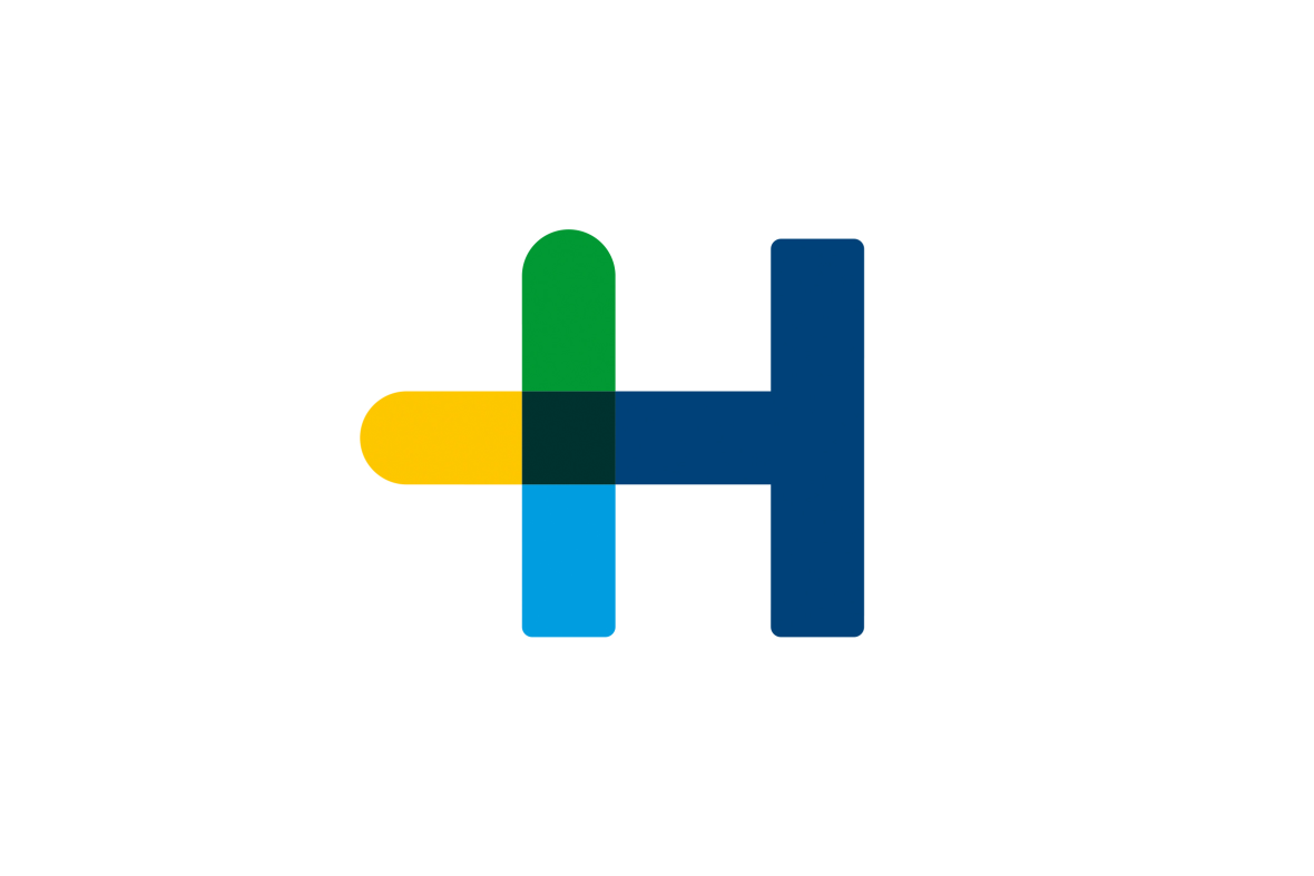 Ein blau-grün-gelbes Logo mit dem Buchstaben „H“ auf weißem Hintergrund.