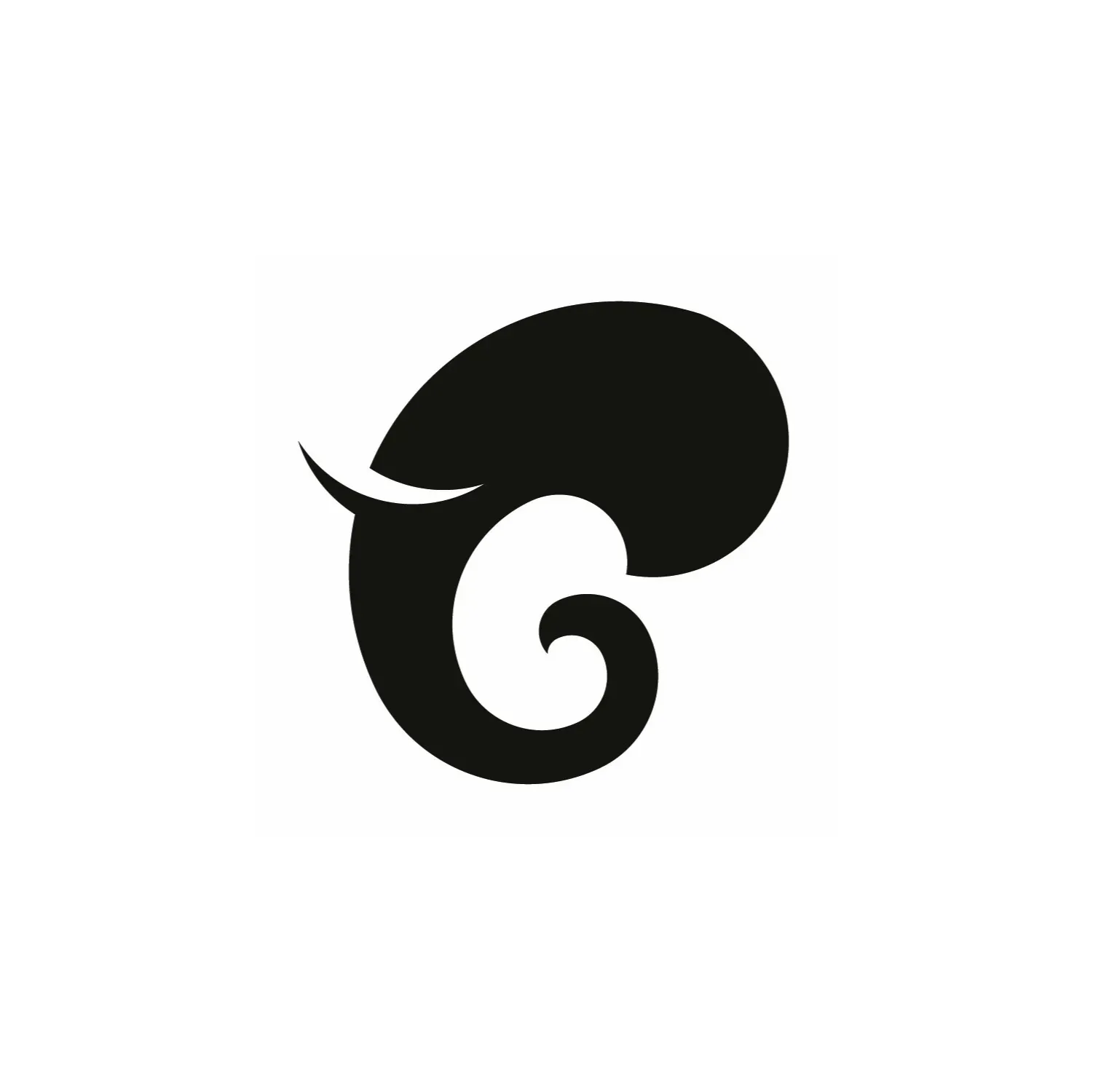 Eine schwarze Silhouette eines Elefanten mit langem Schwanz auf weißem Hintergrund.