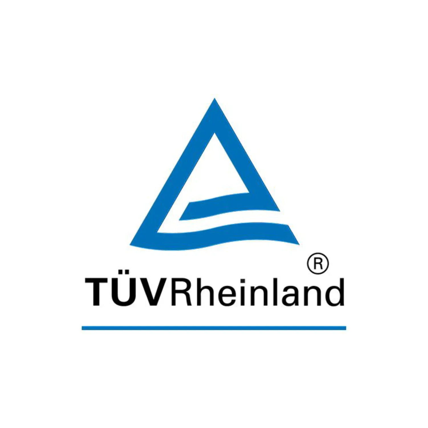 Das Logo des TÜV Rheinland ist ein blaues Dreieck mit einer Welle in der Mitte.