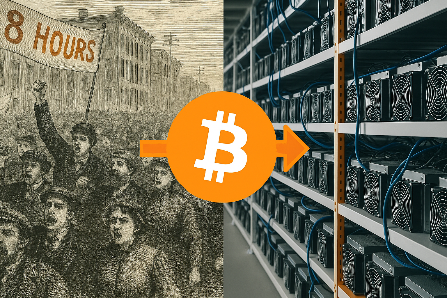 Eine Gegenüberstellung von 8.Mai Demonstrationen links und Bitcoin Minern rechts. 