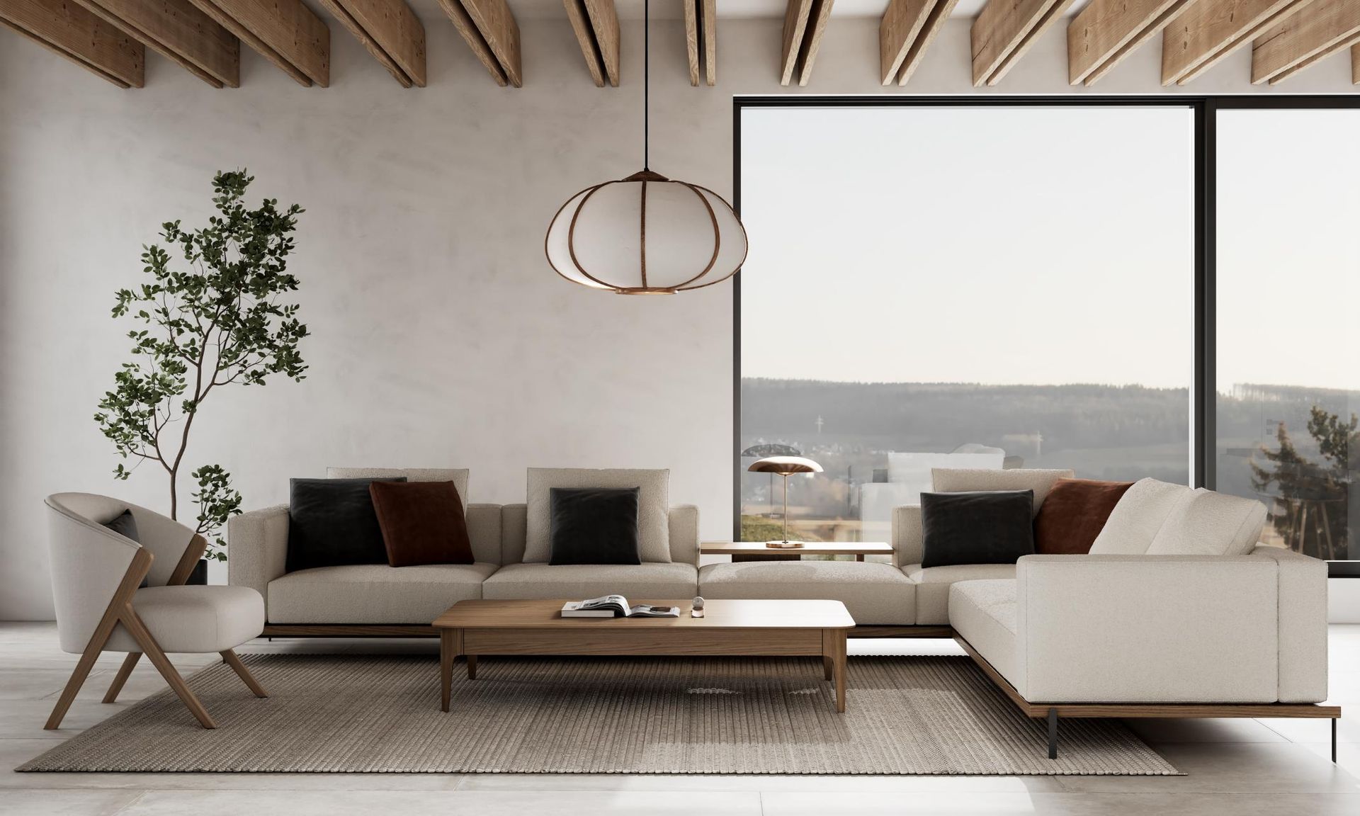 Modern minimalist living room with white sofas, wood coffee table, indoor tree, and a large window.