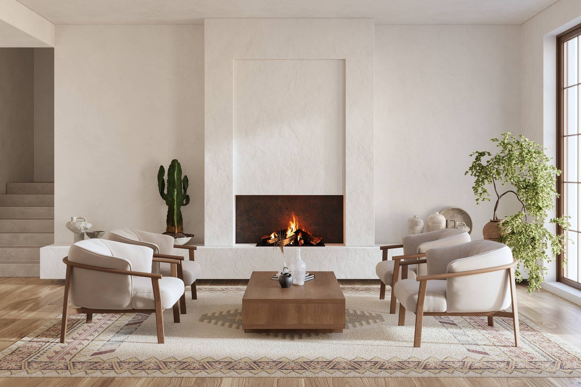 Minimalist living room with fireplace, beige armchairs, wooden coffee table, and large window with plant.