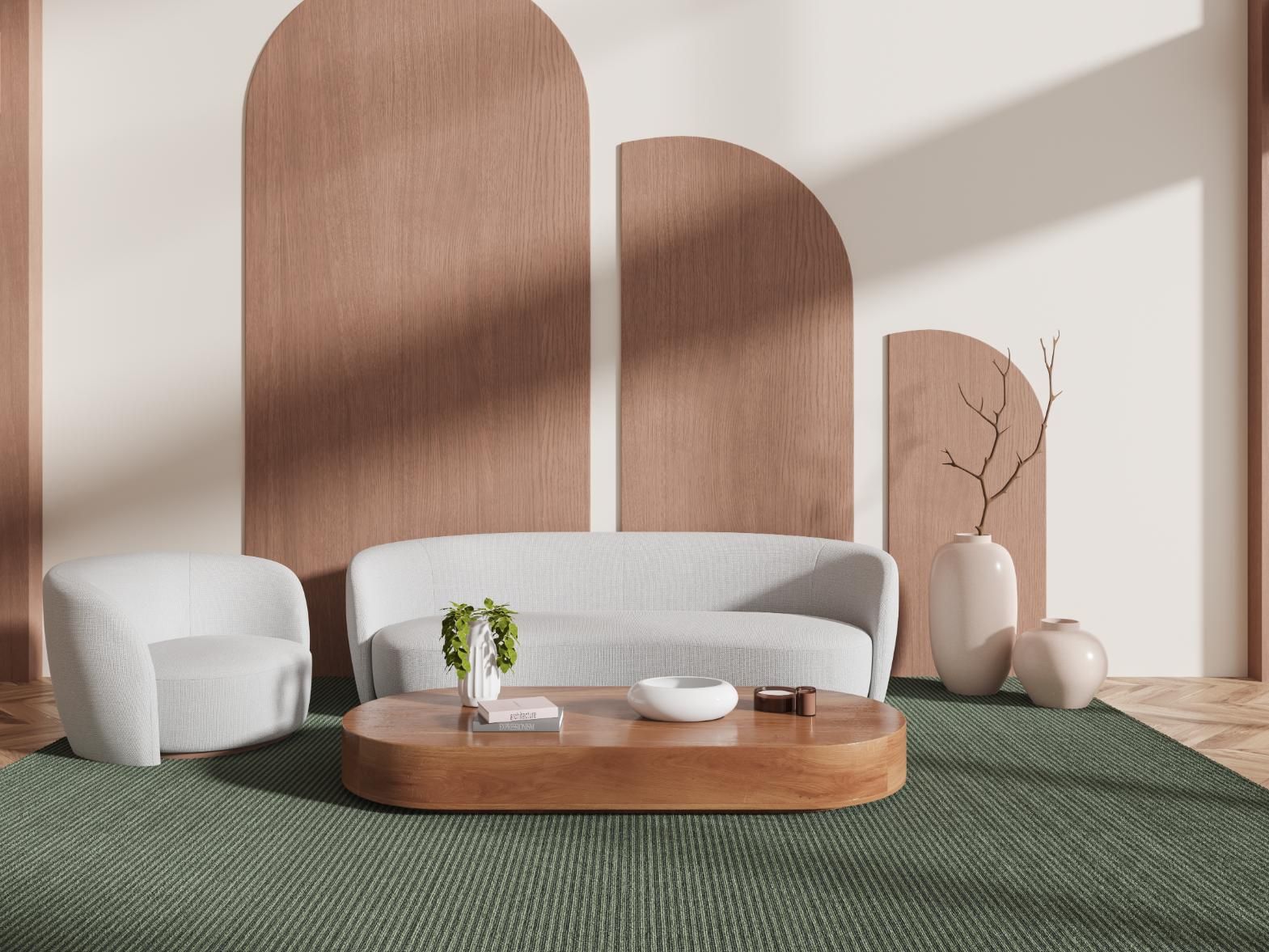 Minimalist living room with white curved sofa, armchairs, wooden coffee table, and arched wood wall decor.