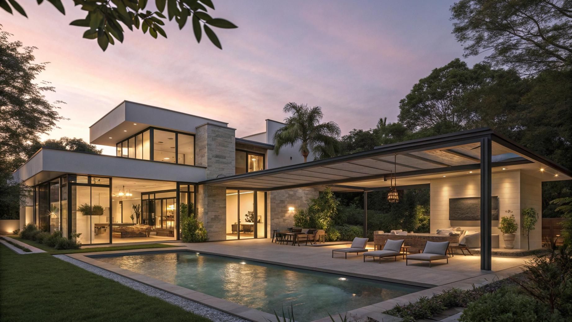 Modern luxury house at dusk with glass walls, pool, and outdoor lounge under a pergola