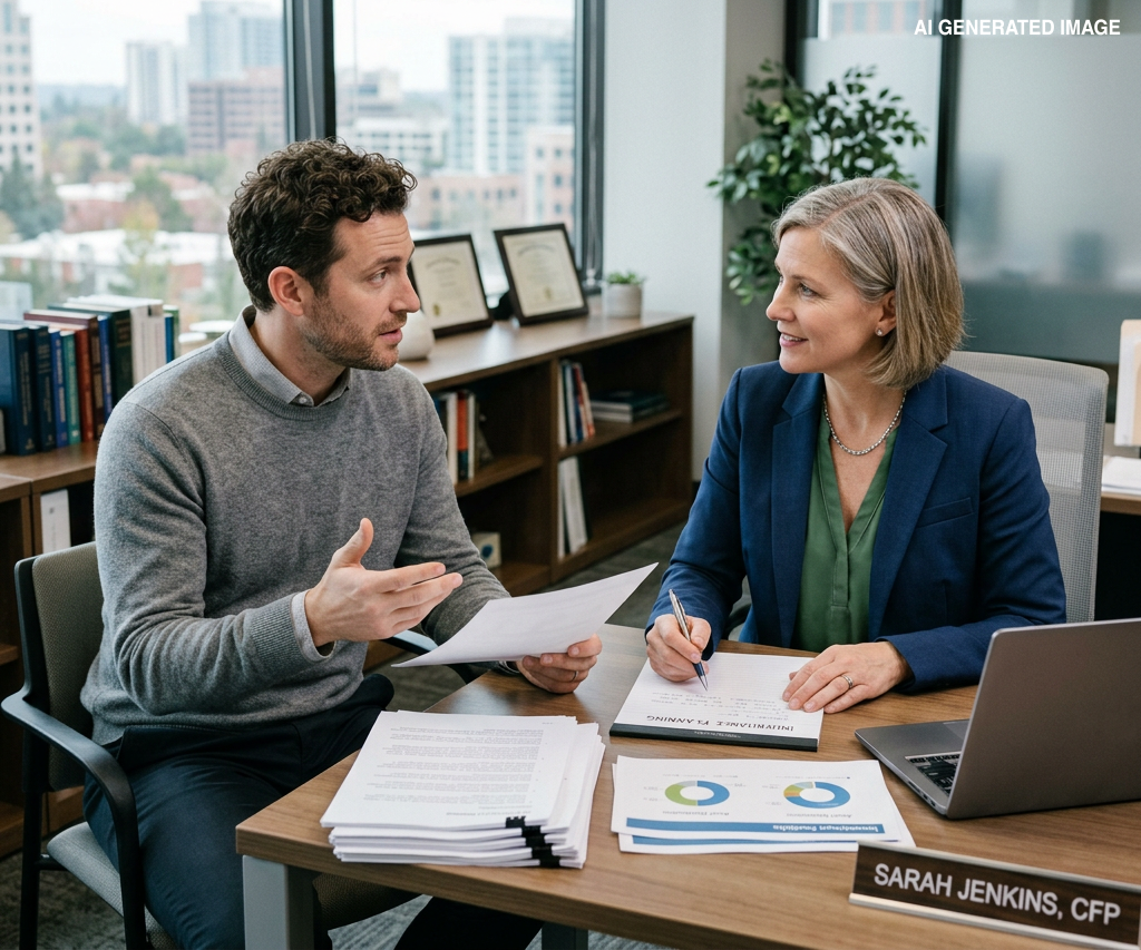 Two coworkers discussing documents at a desk in a bright office, with a laptop and charts nearby.
