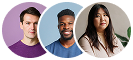 Three people in colored circular backgrounds, with purple, blue, and light beige.