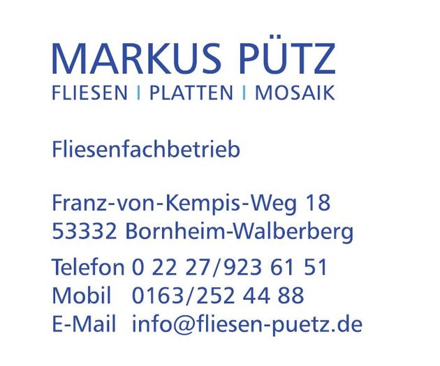 Visitenkarte Markus Pütz, Fliesenfachbetrieb in Bornheim Walberberg, Fachmann für Fliesen, Platten, Mosaik
