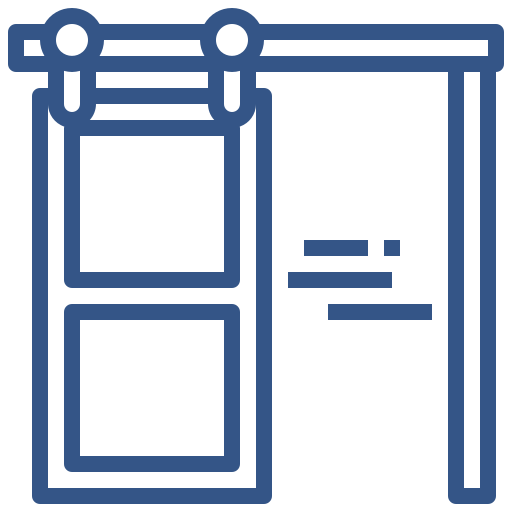 A blue line icon of a sliding barn door.