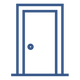 A blue line drawing of a door with a round knob.