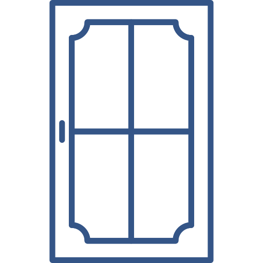A blue line drawing of a door with four windows.