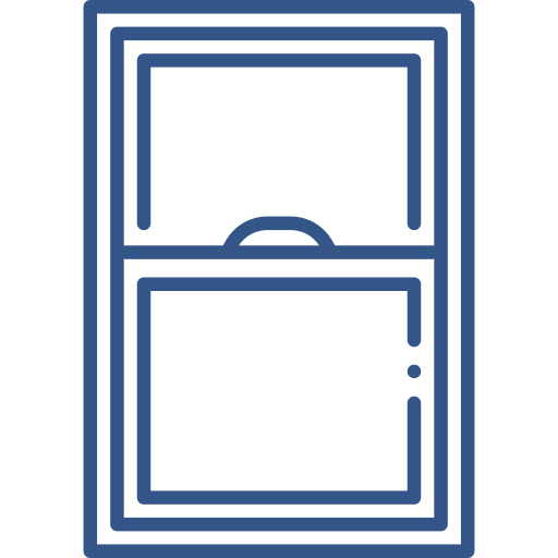 A blue line drawing of a window with a handle.