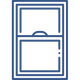 A blue line drawing of a window with a handle.