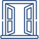 A blue line drawing of an open window on a white background.