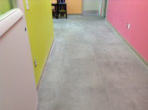 Concrete flooring in colorful commercial hallway prepped for vinyl or laminate installation in Plantation, FL.