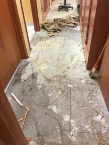 A hallway with a lot of trash on the floor and a broom.