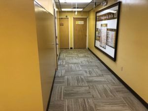 Durable carpet tile installation in high-traffic commercial hallway in Plantation, FL.