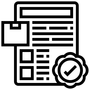 A black and white icon of a newspaper with a check mark on it.