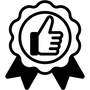 A black and white icon of a ribbon with a hand giving a thumbs up.
