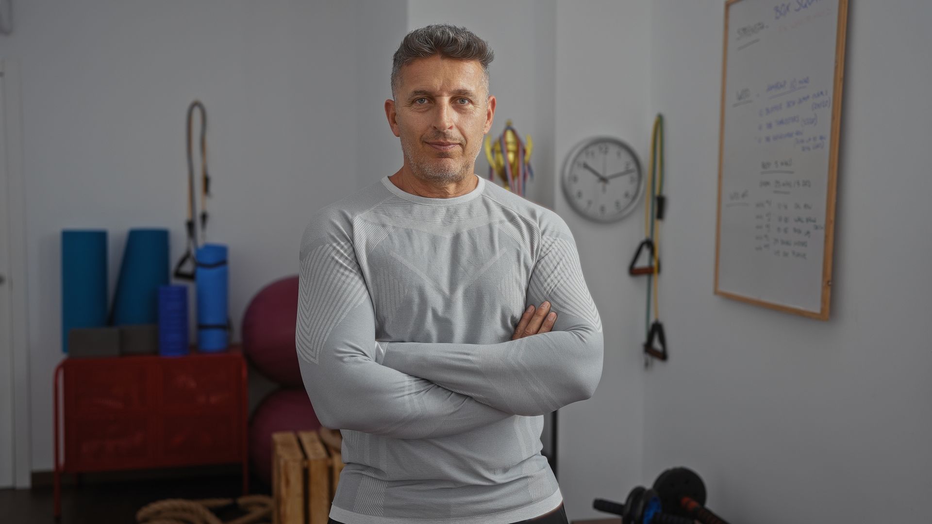 Man in gray shirt with arms crossed, in a gym.
