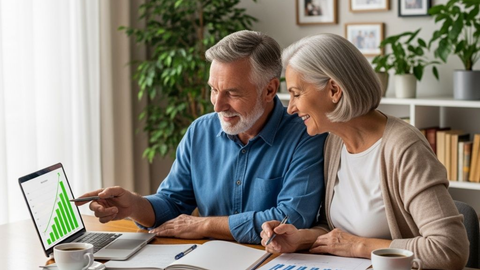 Man and child grilling outdoors with a woman in the background. Sunny day.