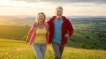 Grandparents with two young grandchildren outdoors; smiling, gesturing.