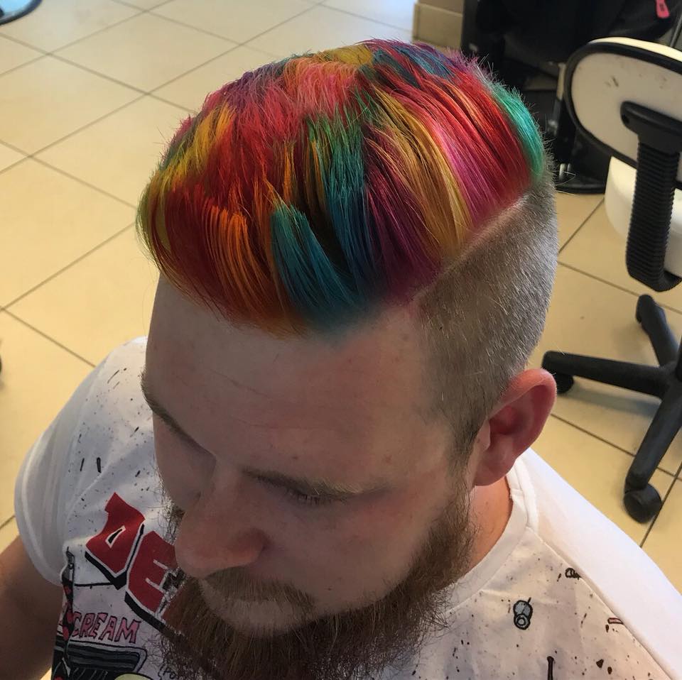 man with short rainbow hair