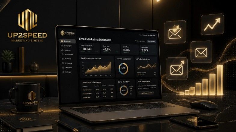 Luxury gold-and-black analytics dashboard on a laptop with glowing email and growth icons