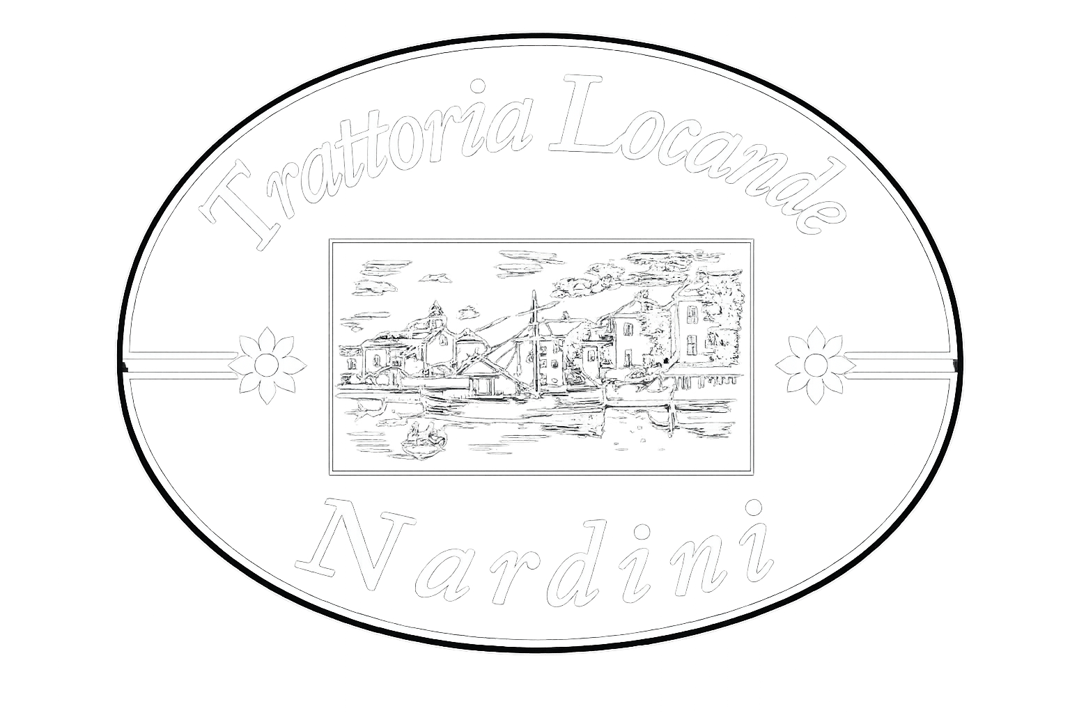 Logo ovale bianco con una piccola illustrazione centrale e un testo tenue attorno al bordo.