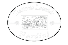 Logo ovale bianco con una piccola illustrazione centrale e un testo tenue attorno al bordo.