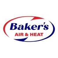 Logo for Baker's Air & Heat: oval with red and blue arrows around text in blue.