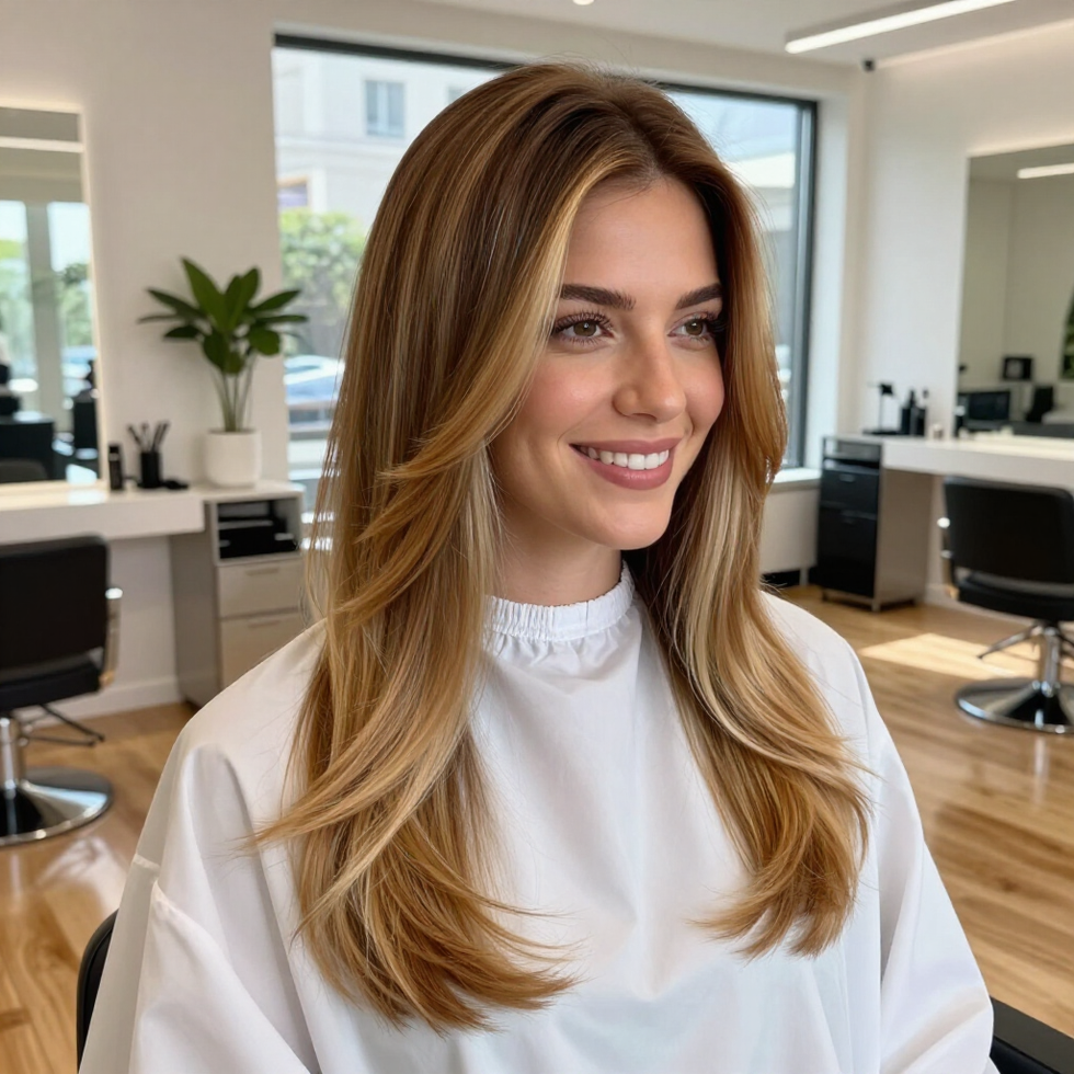 A smiling person in a salon, featuring long, layered, wavy honey-blonde hair with a soft curtain fringe.