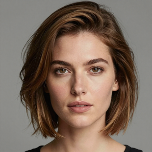 A person with shoulder-length, light brown hair looking directly at the camera with a neutral expression.