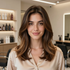 A person with shoulder-length, brunette hair with highlights smiles in a bright hair salon.