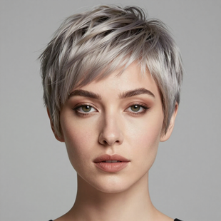A portrait of a person with short, layered, silver-gray hair against a neutral gray background.